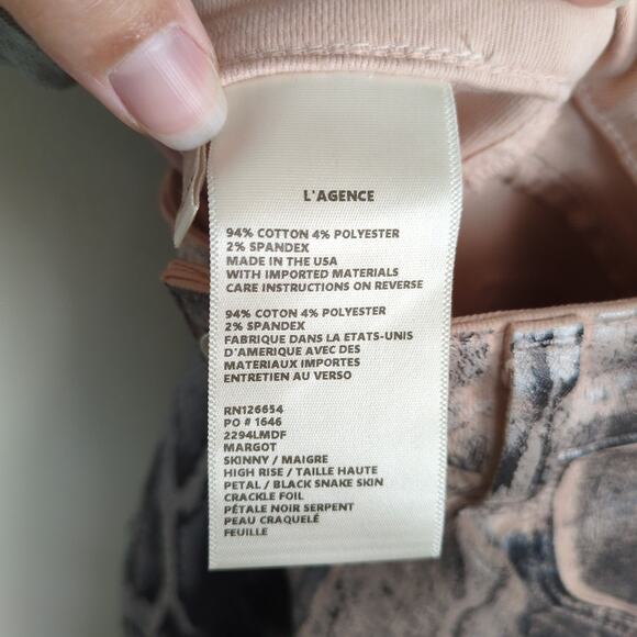 L'AGENCE Margot High Rise Skinny Jean Petal Snake Skin Crackle Foil Women's 27 - Picture 6 of 7